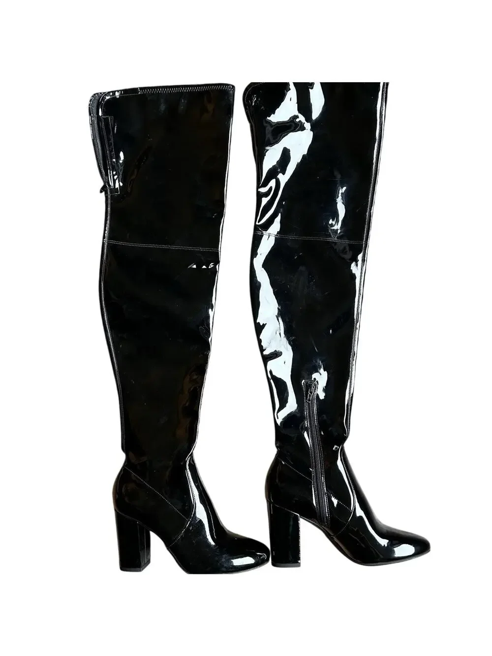 Kenneth Cole Black Patent Over The Knee Boots Women's 6M Thigh High Block Heel